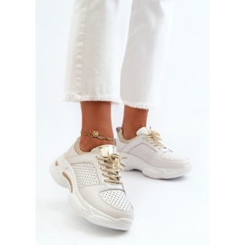 Sneakers da donna in pelle con suola spessa Dzumati bianche e dorate d'oro 2