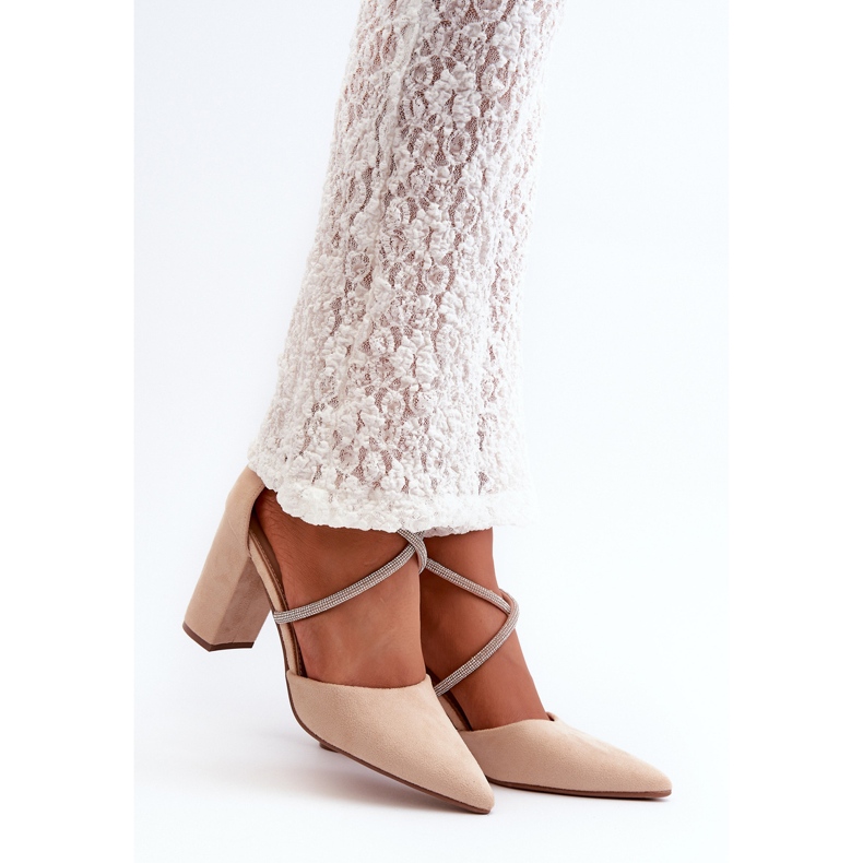 Décolleté con tacco alto in ecopelle scamosciata e zirconi Lagra beige 1