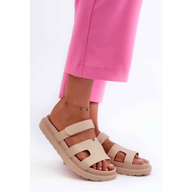Infradito da donna in ecopelle con velcro, silaka beige chiaro 1