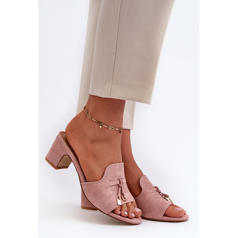Infradito da donna con tacco alto in eco camoscio, Jemenna rosa 1