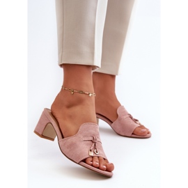 Infradito da donna con tacco alto in eco camoscio, Jemenna rosa 2