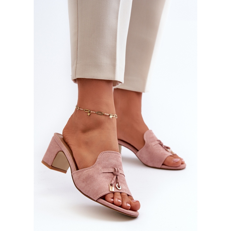 Infradito da donna con tacco alto in eco camoscio, Jemenna rosa 2
