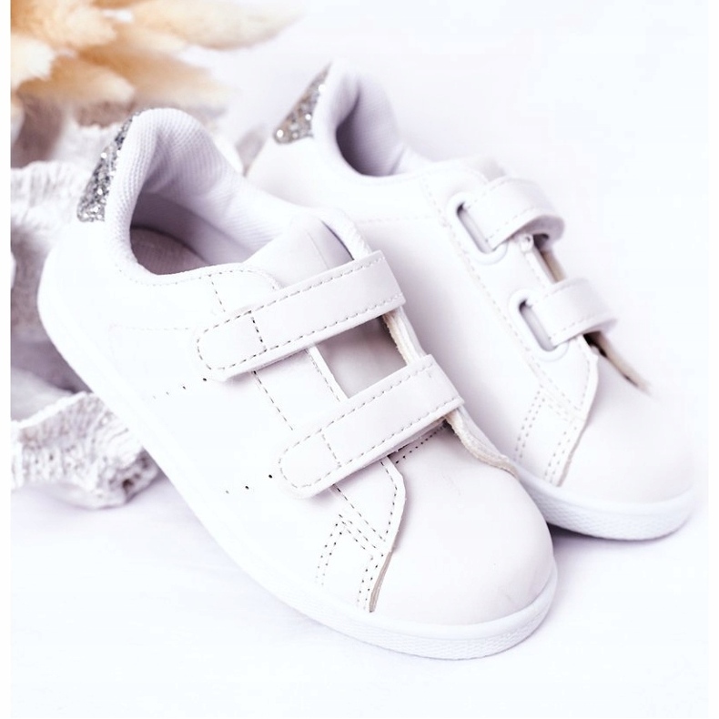 Sneakers con velcro per bambini, bianche e argento bianca 3