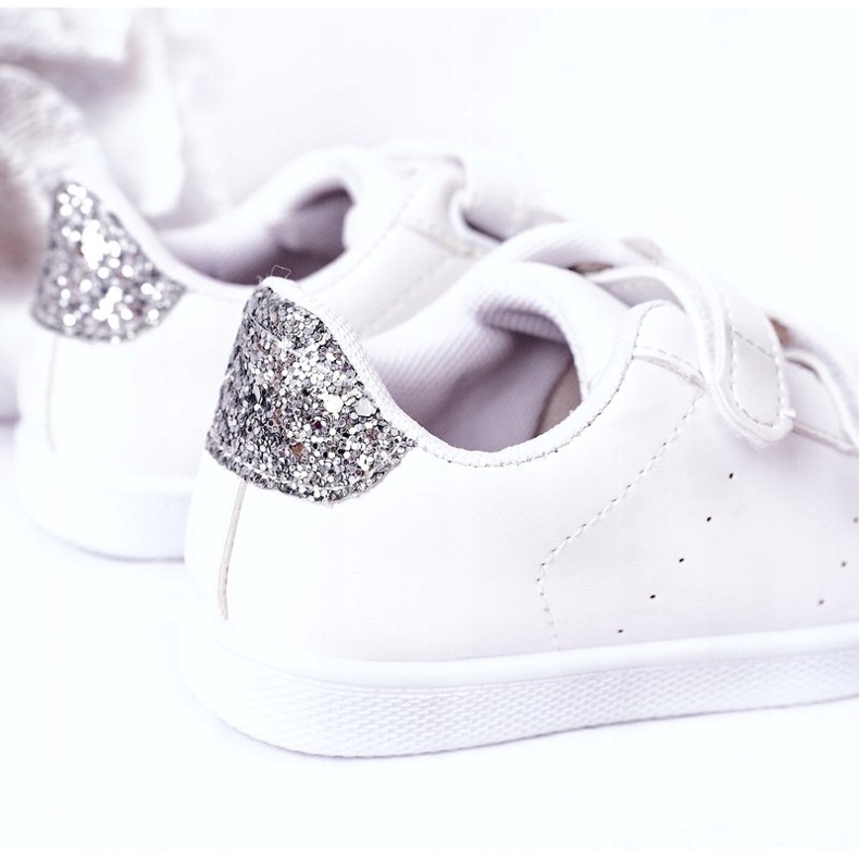 Sneakers con velcro per bambini, bianche e argento bianca 1