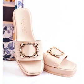 S.Barski Infradito da donna in pelle alla moda con decorazione dorata, beige 3