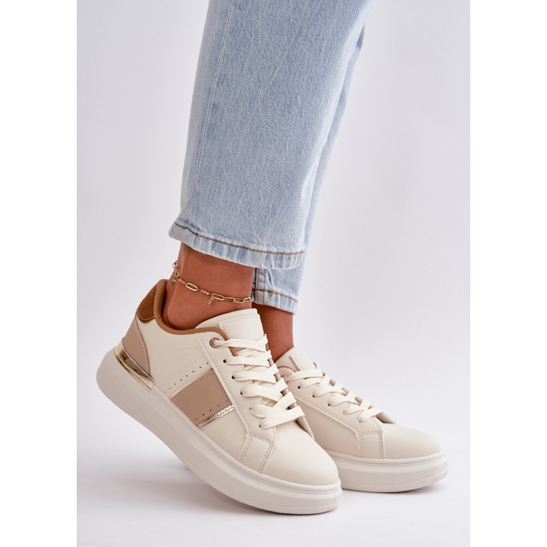 Sneakers da donna alla moda con plateau, realizzate in ecopelle, Nevisase marrone beige 2