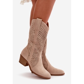Stivali Cowboy da Donna Traforati con Tacco Alto, Beige Iceda 1