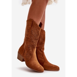 Stivali da cowboy da donna traforati con tacco alto color cammello Iceda marrone 1