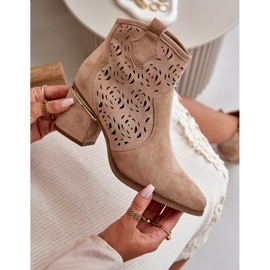 Stivali da cowboy traforati su tacco alto, fissati con cerniera, Vosilara beige 2