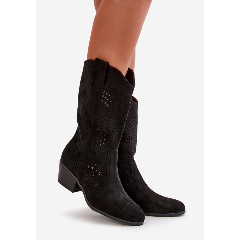 Stivali Cowboy da Donna Traforati con Tacco Alto, Nero Iceda 1