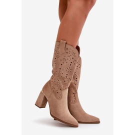 Stivali Traforati Da Donna Con Tacco Alto A Punta, Pelle Scamosciata Eco Nevithra Beige Scuro 1