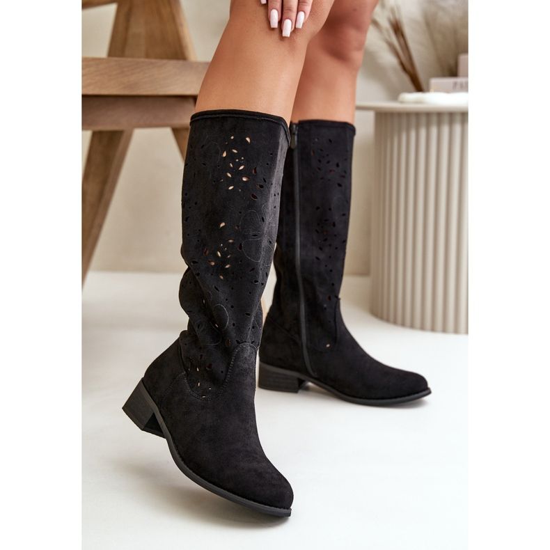 Stivali Da Donna Traforati Con Tacco Basso In Eco Pelle Scamosciata Chiusi Con Cerniera Orchidee Nere nero 2