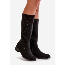 Stivali Da Donna Traforati Con Tacco Basso In Eco Pelle Scamosciata Chiusi Con Cerniera Orchidee Nere nero 1