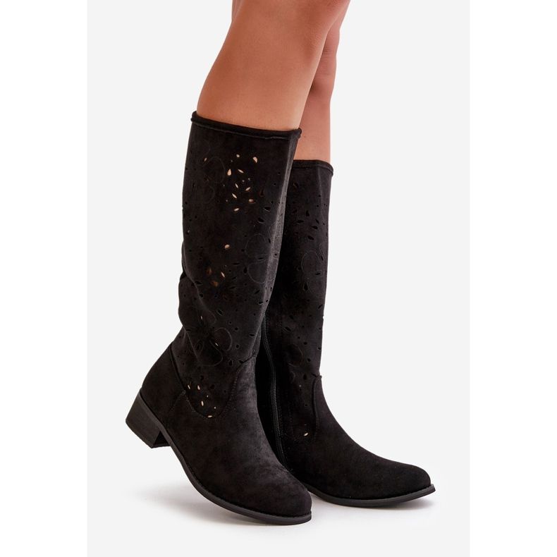 Stivali Da Donna Traforati Con Tacco Basso In Eco Pelle Scamosciata Chiusi Con Cerniera Orchidee Nere nero 1