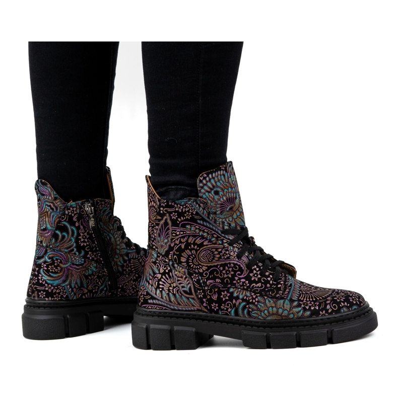 Olivier Stivaletti alti da donna stringati in pelle stampa 1227, colore nero multicolore 1