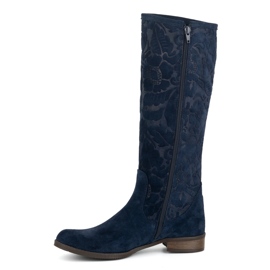 Olivier Stivali da donna in pelle scamosciata realizzati in pelle naturale con fiori Emma in rilievo, blu navy 1