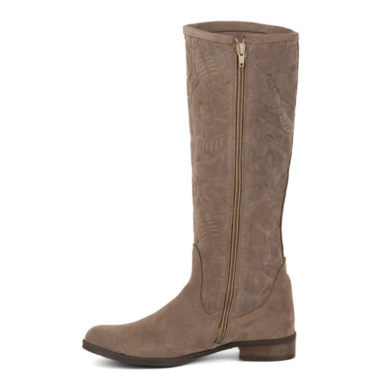 Olivier Stivali da donna in pelle scamosciata realizzati in pelle naturale con fiori Emma in rilievo, beige scuro 1