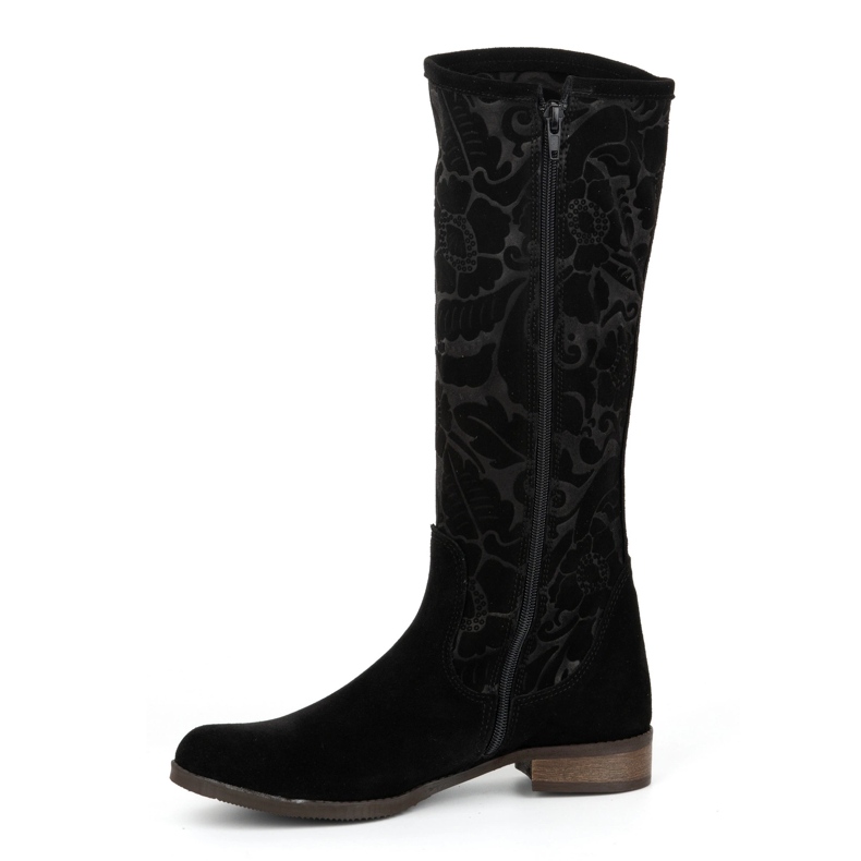 Olivier Stivali da donna in camoscio realizzati in pelle naturale con fiori Emma in rilievo, neri nero 1