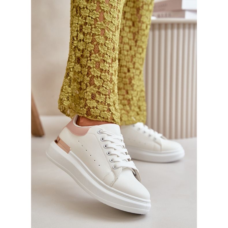 Sneakers basse da donna su plateau in ecopelle, bianco e rosa, Nevelena bianca 2