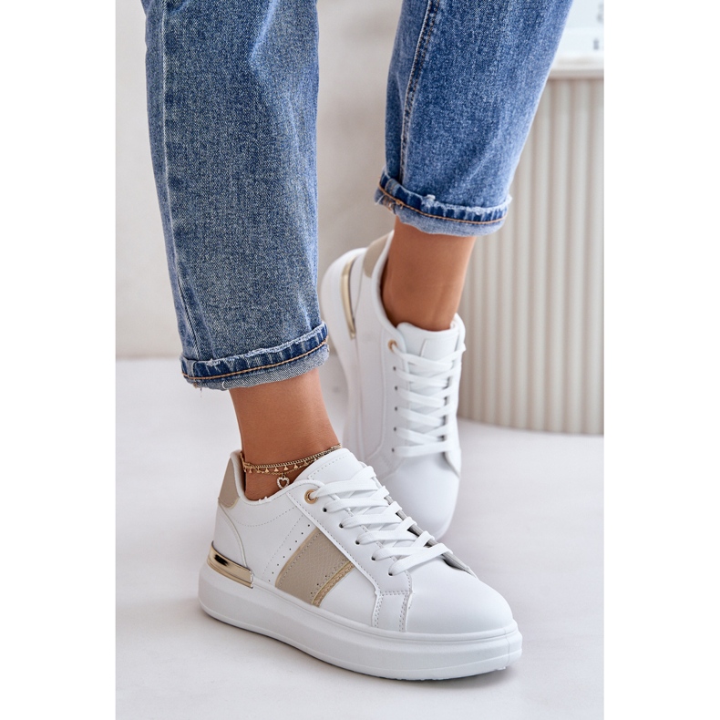 Sneakers da donna alla moda con plateau, realizzate in ecopelle, Nevisase beige bianca 1