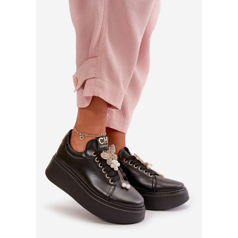 Sneakers da donna con plateau in pelle e farfalla CheBello 4585 Nero 1