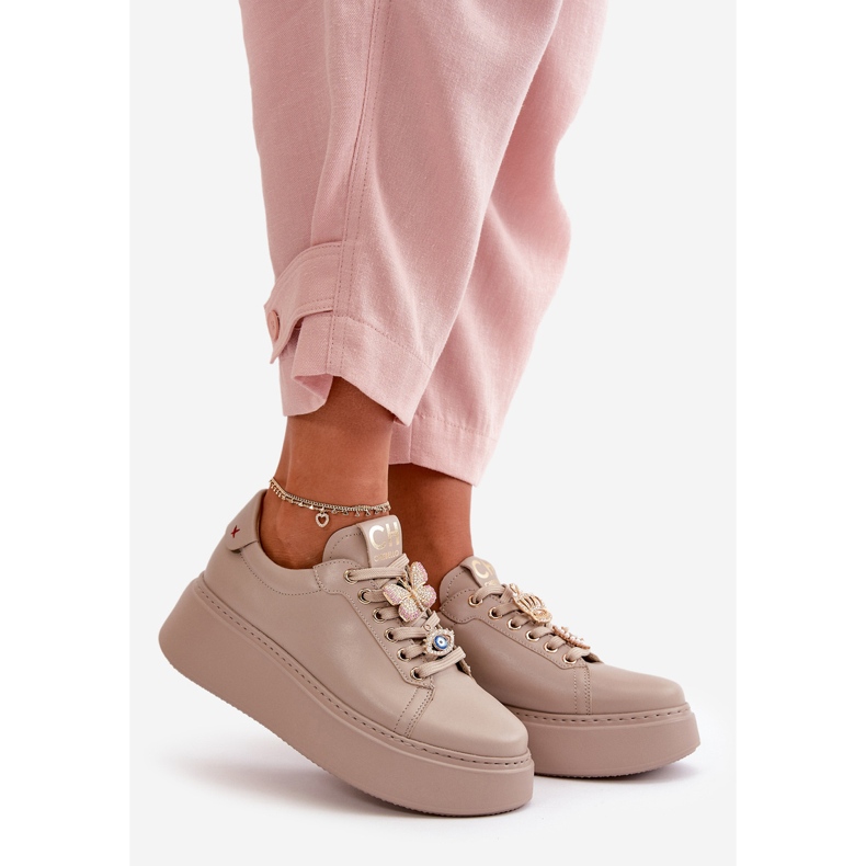 Sneakers da Donna in Pelle con Plateau Con Decori CheBello 4585 Beige 1
