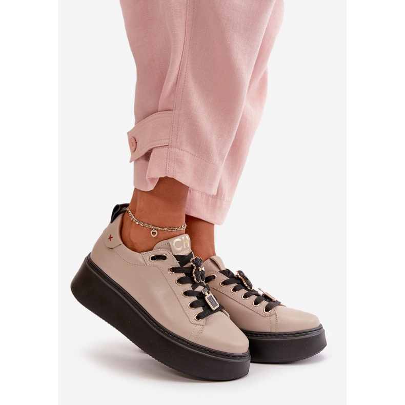 Sneakers Da Donna In Pelle Con Spille Sul Platform CheBello 4596 Beige 1