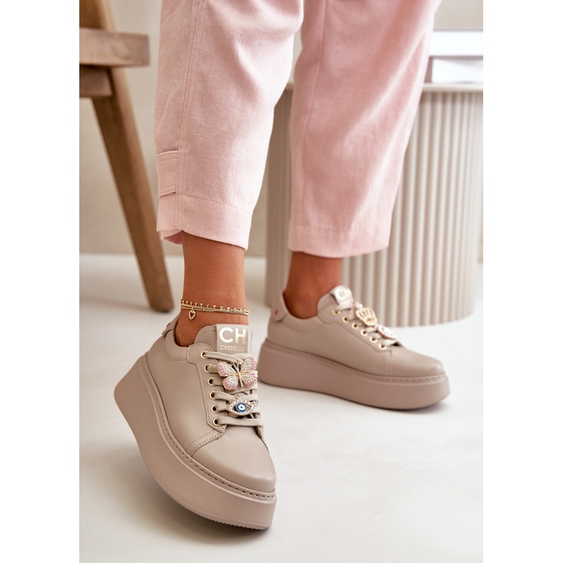 Sneakers da Donna in Pelle con Plateau Con Decori CheBello 4585 Beige 2