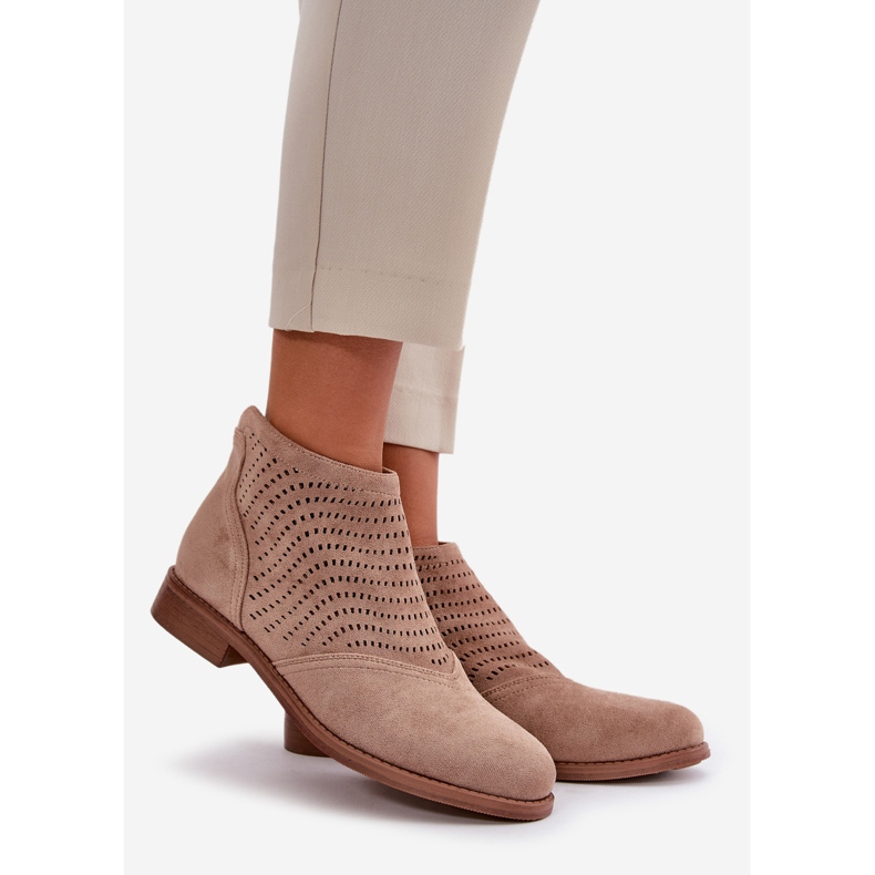 Stivali traforati da donna con tacco piatto Beige S.Barski HY42-076 1