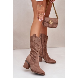 Stivali da cowboy traforati da donna con tacco alto in ecopelle scamosciata marrone S.Barski HY42-028 2