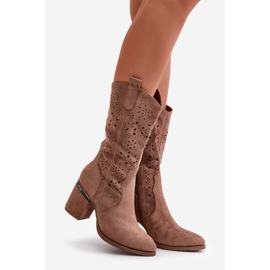 Stivali da cowboy traforati da donna con tacco alto in ecopelle scamosciata marrone S.Barski HY42-028 1