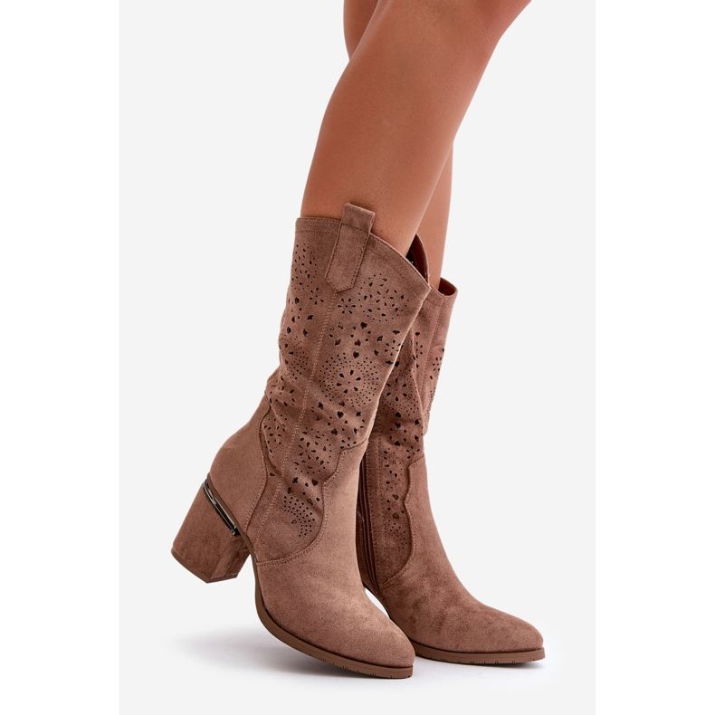 Stivali da cowboy traforati da donna con tacco alto in ecopelle scamosciata marrone S.Barski HY42-028 1