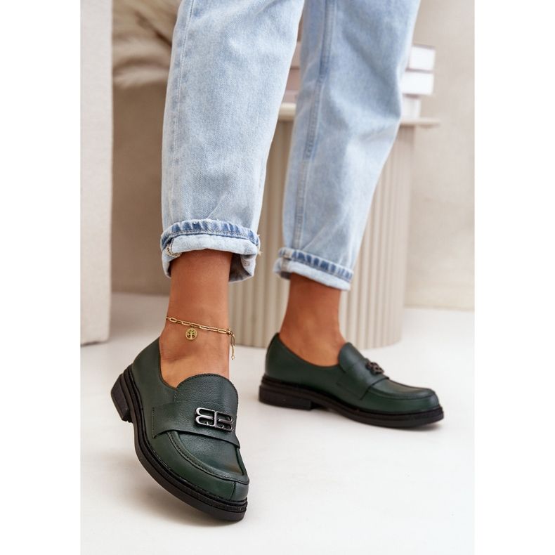 Zazoo 20174 Scarpe eleganti in pelle con tacco piatto da donna, Verde scuro 2