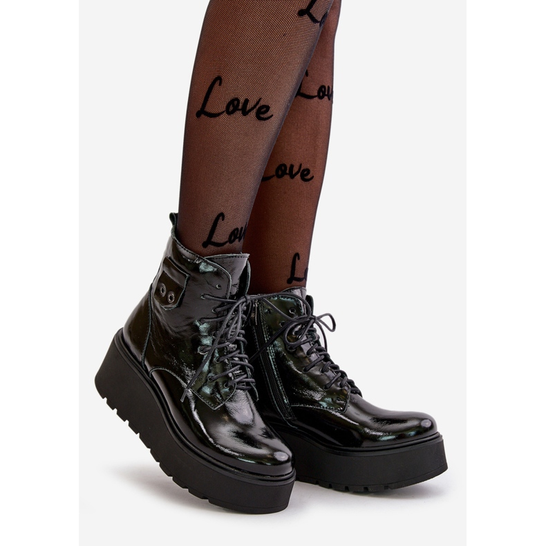 Zazoo 60499 Stivali Da Donna In Vernice Su Plateau E Zeppa In Calda Pelle Naturale Verde Scuro nero 1
