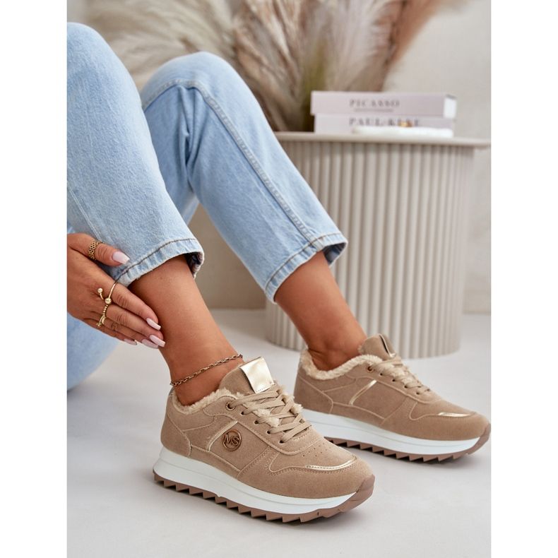 Scarpe sportive da donna foderate in pelliccia sulla piattaforma Lerisas color kaki beige 2