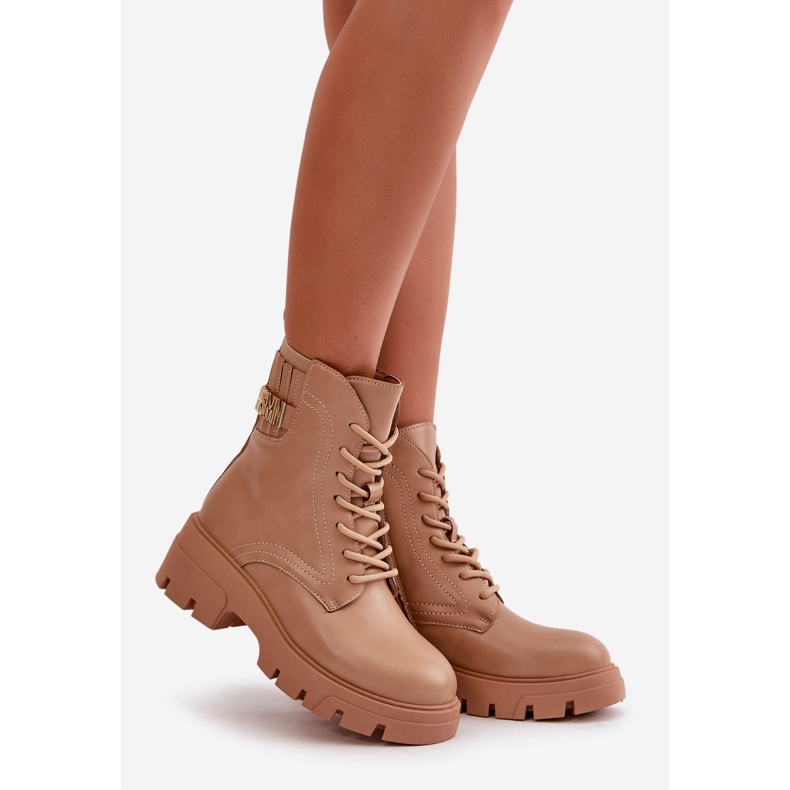 Stivaletti Worker Da Donna Con Cerniera, Allacciati, In Ecopelle Beige Naolani 1