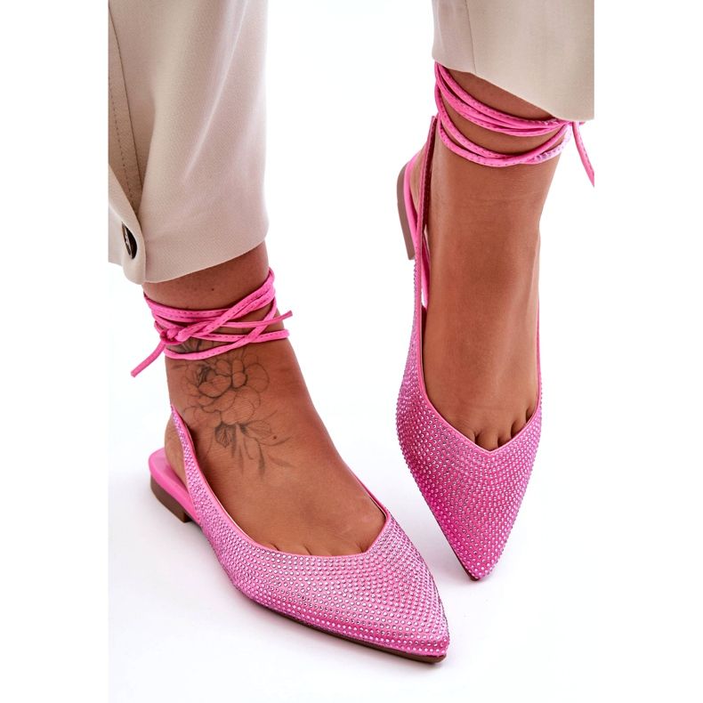 Ballerine femminili legate decorate con zirconi rosa 1