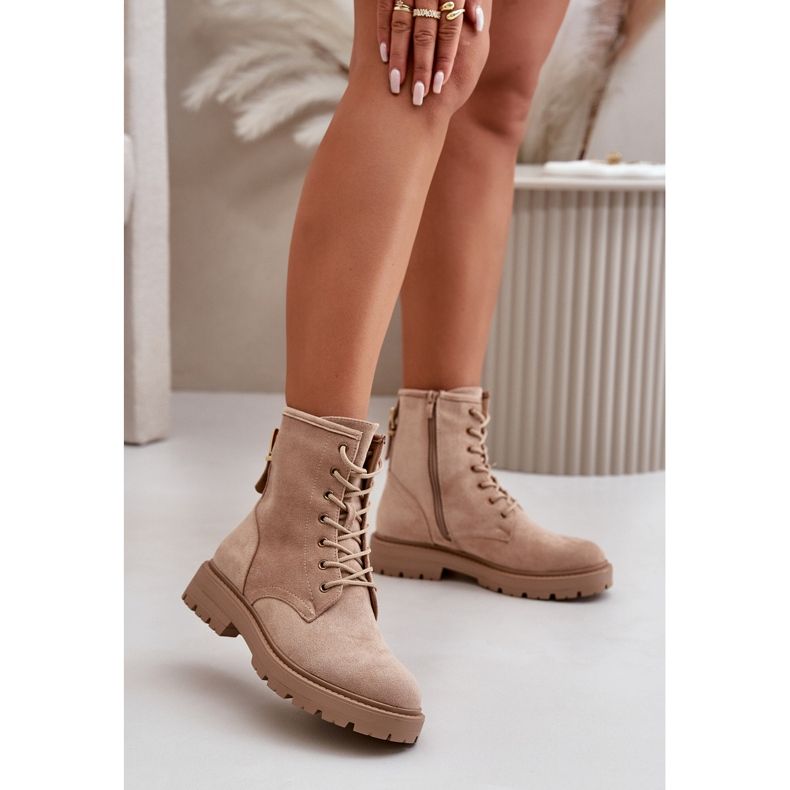 Stivali Worker da Donna, Caldi, con Cerniera, Eco Camoscio, Beige Mardia 2
