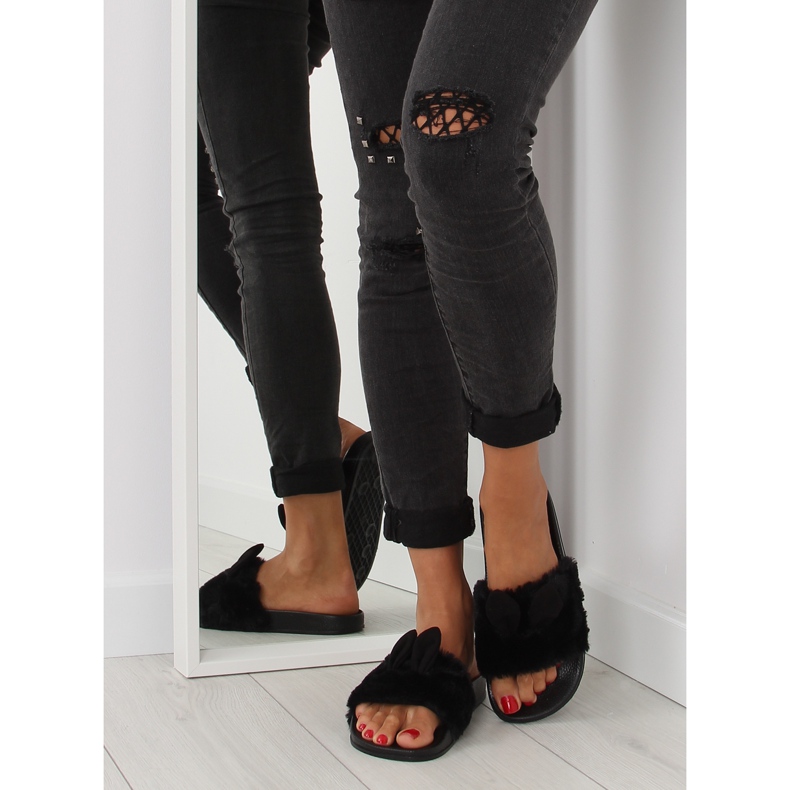 Pantofole nere nere con pelliccia e orecchie nero 2