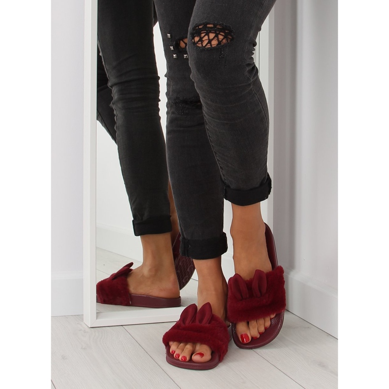 Ciabatte con pelliccia e orecchie bordeaux rosse rosso 2