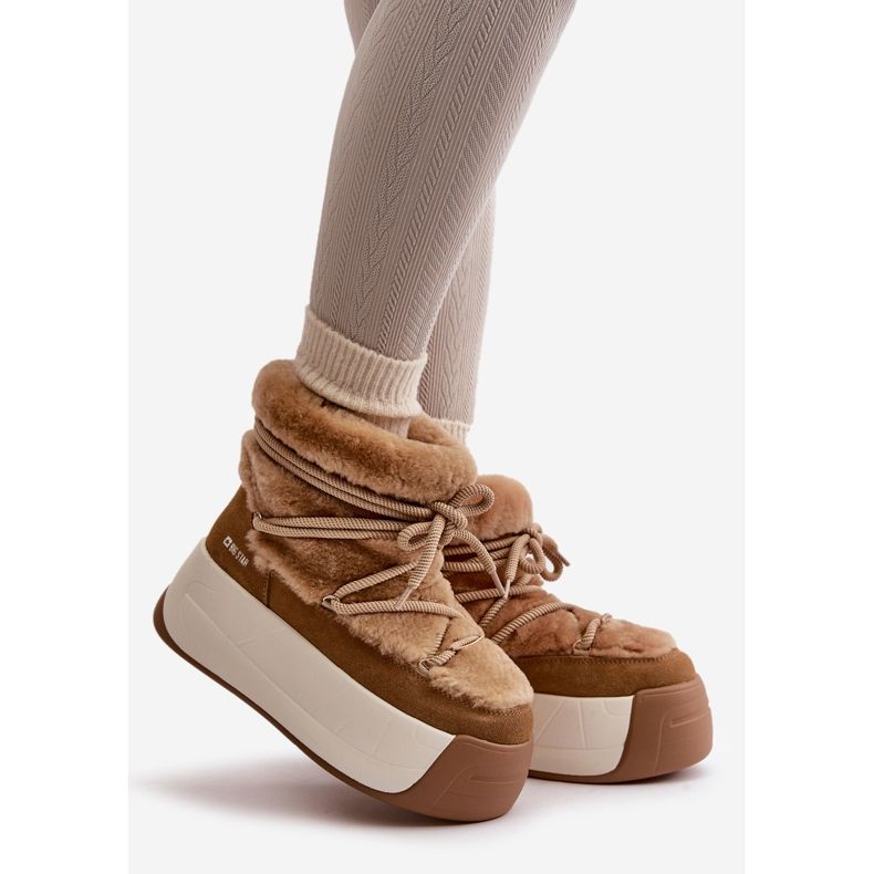 Stivali da neve in pelle da donna su suola spessa con pelliccia Big Star OO274A207 Marrone beige 1