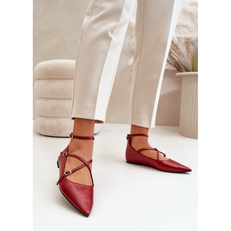 Ballerine da donna con punta e cinturini intrecciati, Bordeaux Violra rosso 2