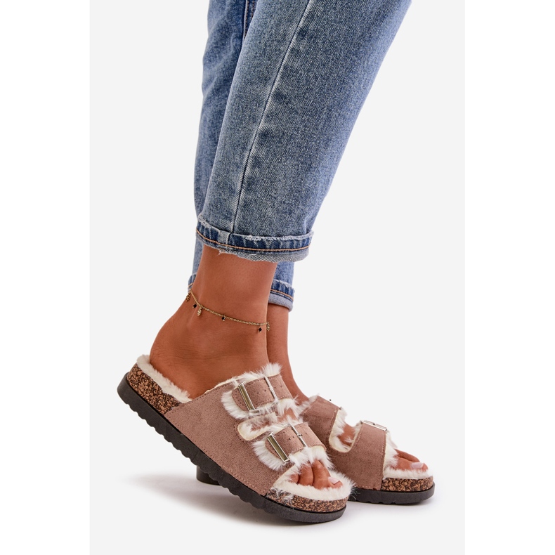 Ciabatte Infradito Da Donna Con Fibbie E Pelliccia Beige Ezilena 1