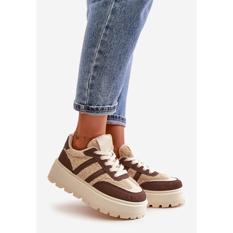 Sneakers da donna con plateau isolate e pelle di pecora, Daivlene marrone 1