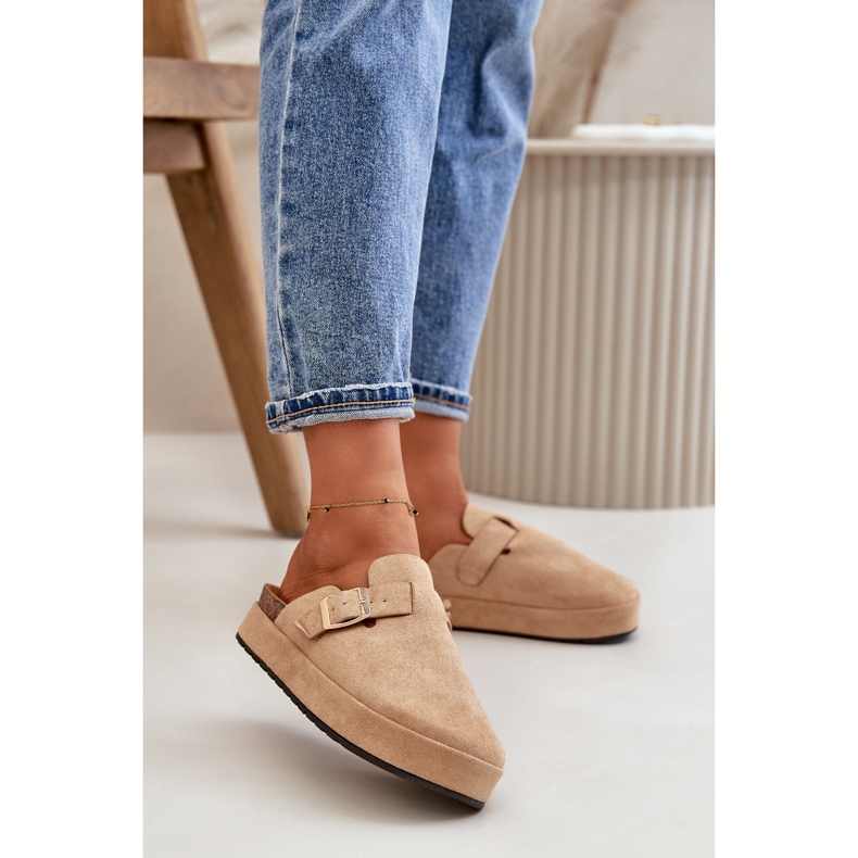 Infradito Clog da donna con plateau e fibbia dorata, Terilaina beige scuro 2