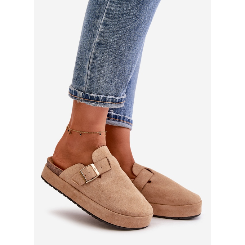 Infradito Clog da donna con plateau e fibbia dorata, Terilaina beige scuro 1
