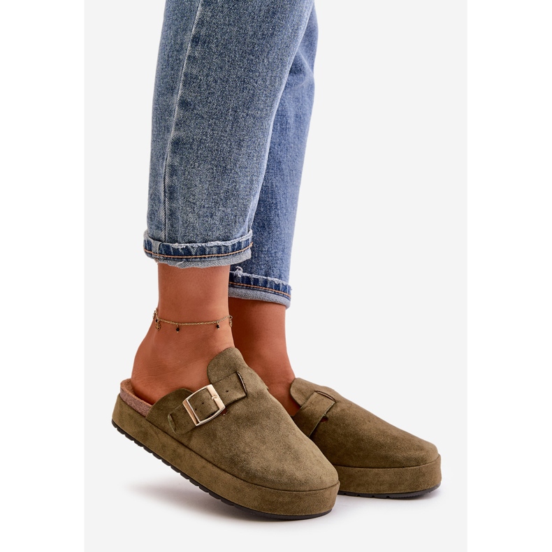Infradito Clog da donna con plateau e fibbia dorata, Terilaina verde scuro 1
