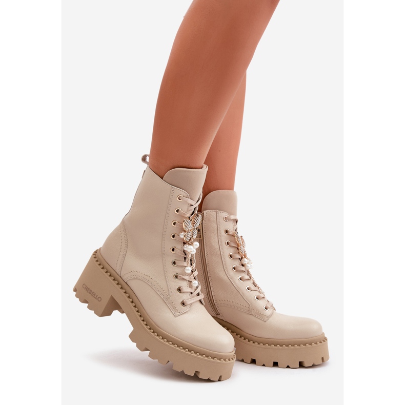 Stivaletti Worker da Donna in Pelle con Farfalla, Beige CheBello 4590 1