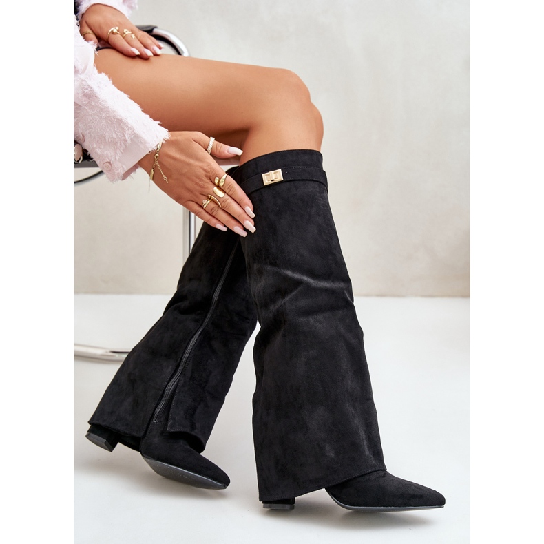 Stivali Da Donna In Eco Camoscio Con Tacco Superiore Risvolto, Nero Bralise 1