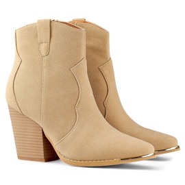 Stivali da cowboy classici beige da donna in pelle scamosciata con tacco alto 1